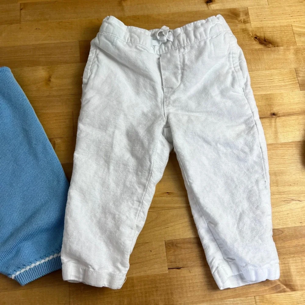 Janie and Jack Bundle Knit Romper‎ Linen Pants Baby Size 12-18 Months Blue White